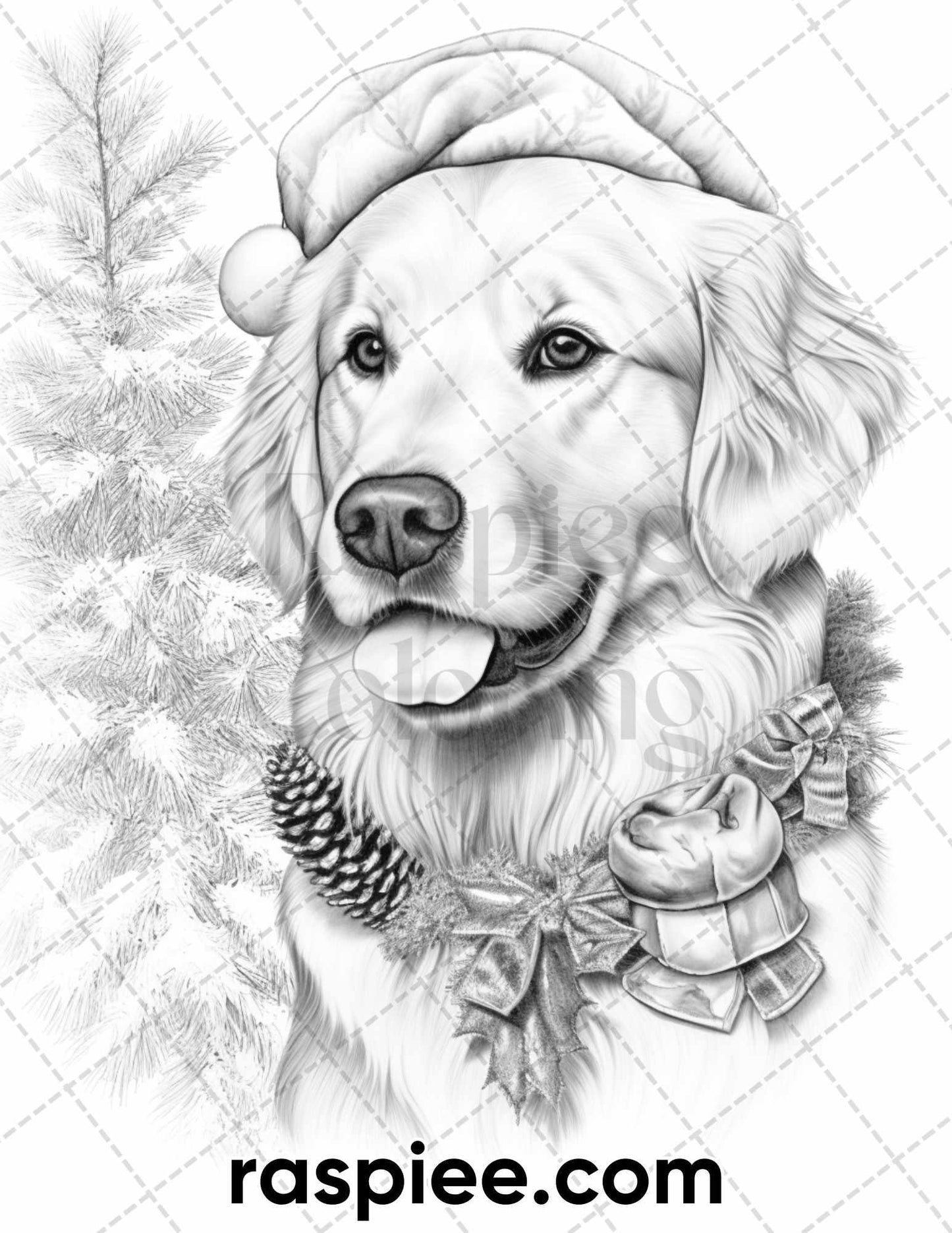 45 Christmas Dogs Grayscale Coloring Pages for Adults, Printable PDF Instant Download