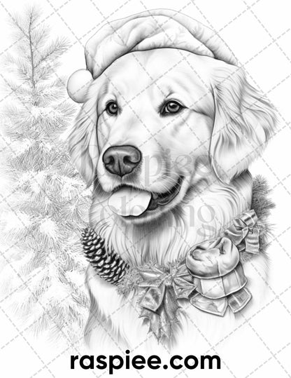 45 Christmas Dogs Grayscale Coloring Pages for Adults, Printable PDF Instant Download