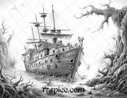 40 Halloween Landscapes Grayscale Coloring Pages Printable for Adults, PDF File Instant Download