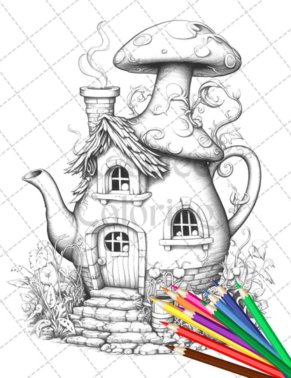 40 Teapot Fairy Houses Grayscale Coloring Pages Printable for Adults, PDF File Instant Download