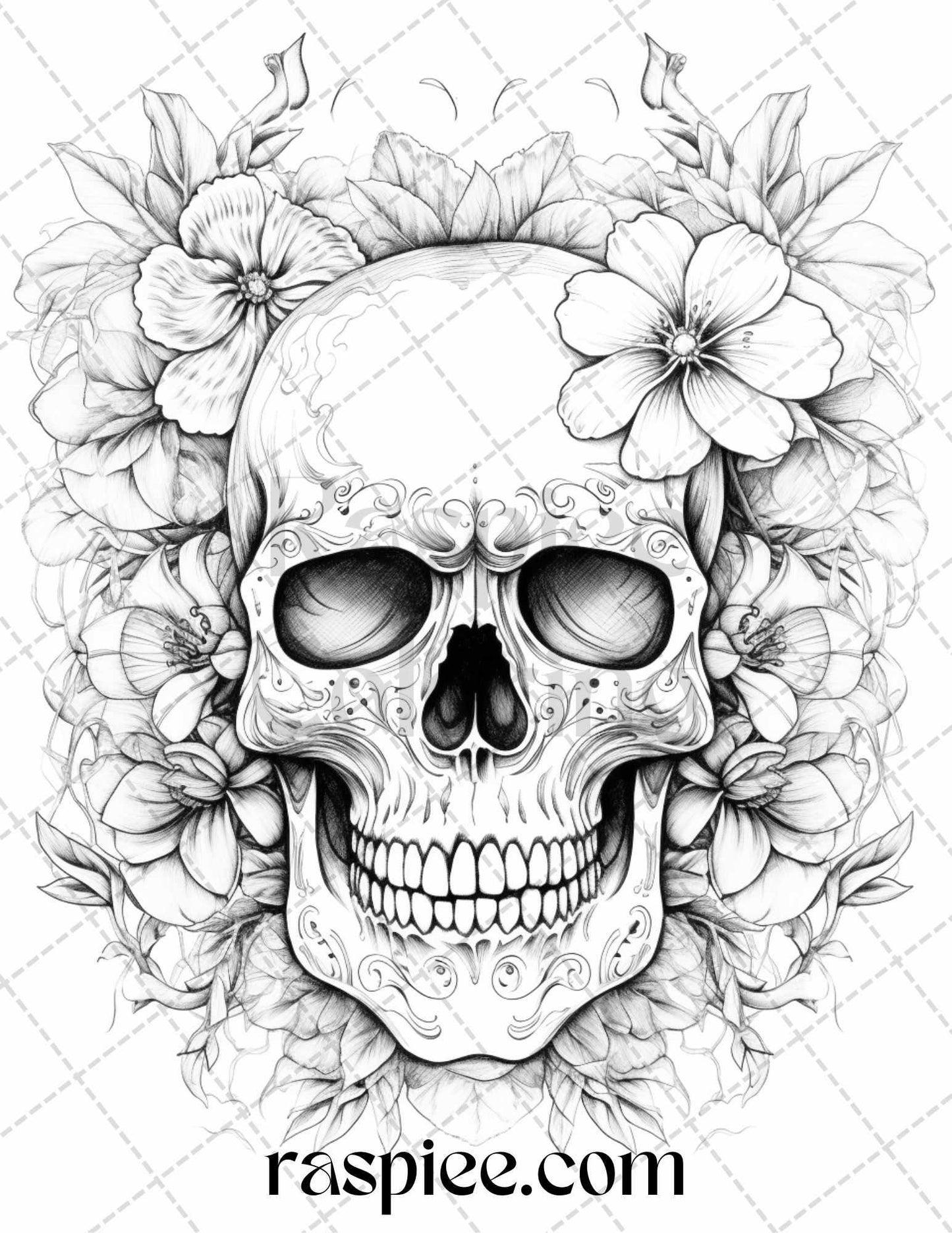 42 Floral Skull Grayscale Coloring Pages for Adults, Stress Relief Coloring Sheets, Printable PDF File Instant Download