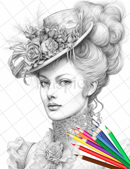 43 Beautiful Victorian Women Grayscale Coloring Pages Printable for Adults, PDF File Instant Download