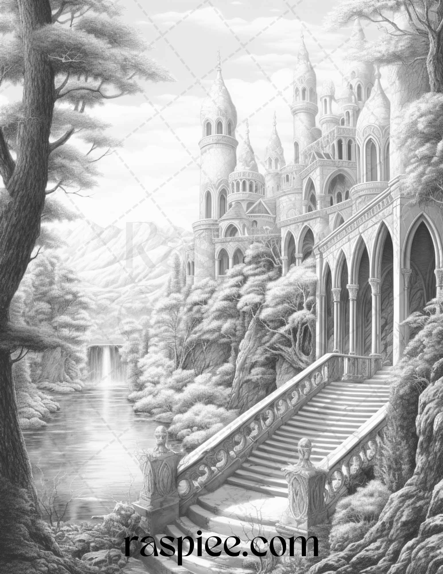 40 Fantasy Landscapes Grayscale Coloring Pages Printable for Adults, PDF File Instant Download