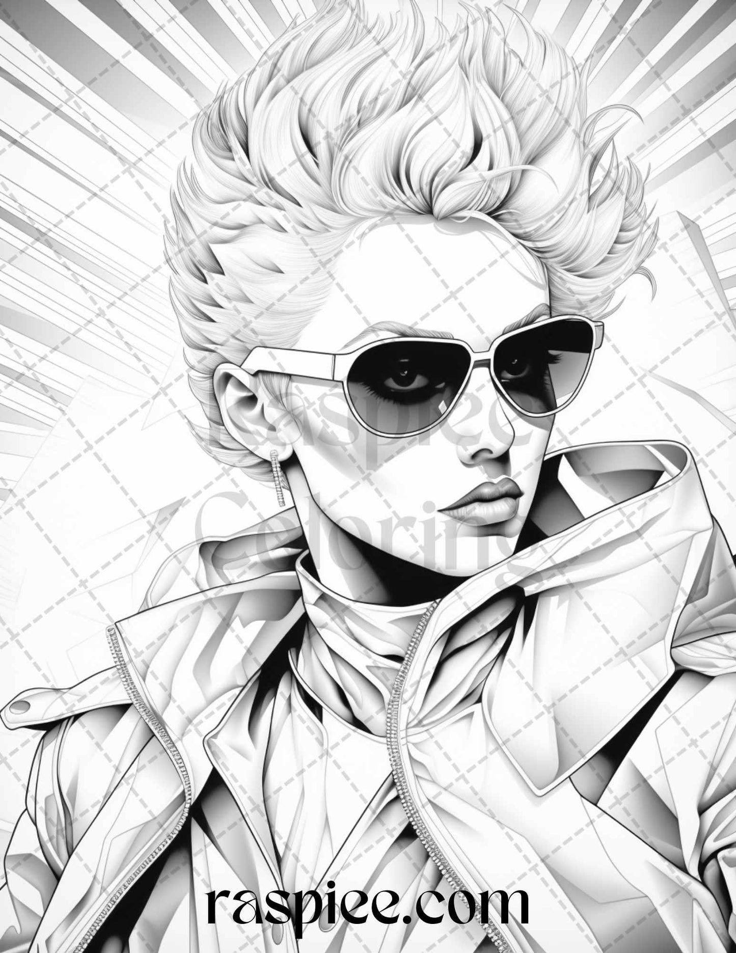 1980s New Wave Pop Star Grayscale Coloring Pages Printable for Adults, PDF File Instant Download