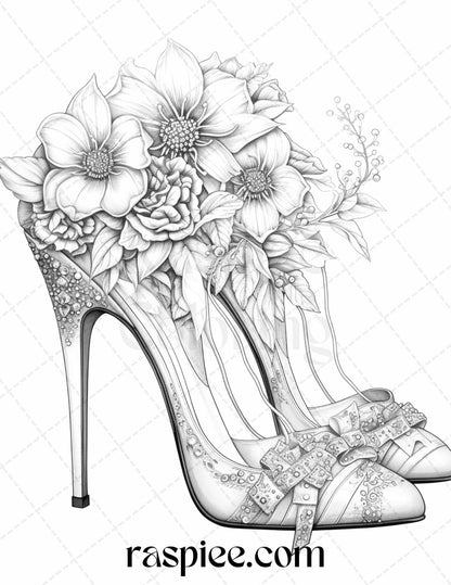 40 Flower Wedding Shoes Grayscale Coloring Pages Printable for Adults, PDF File Instant Download