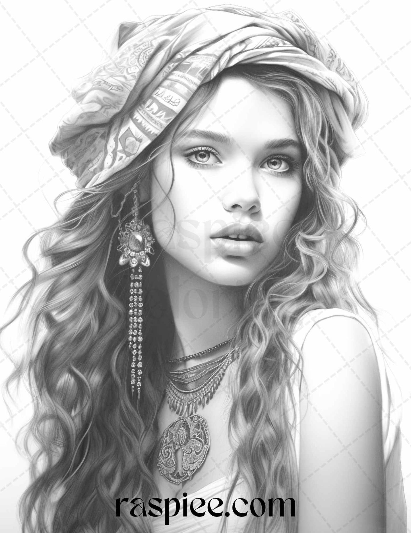 40 Beautiful Gypsy Girls Grayscale Coloring Pages Printable for Adults, PDF File Instant Download