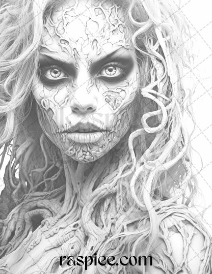 40 Scary Zombie Girls Grayscale Coloring Pages Printable for Adults, PDF File Instant Download