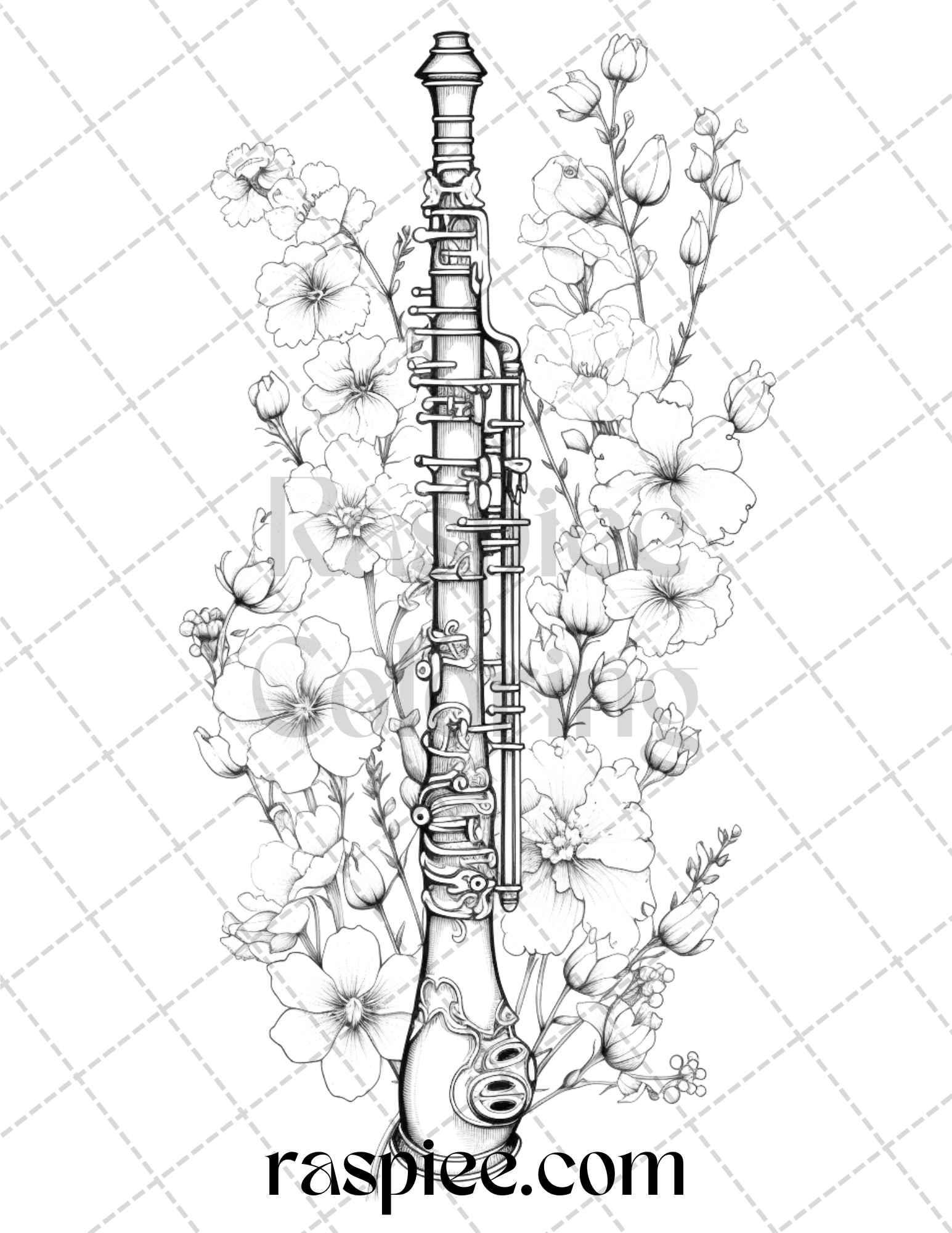 30 Musical Instrument Flower Grayscale Coloring Pages Printable for Adults, PDF File Instant Download