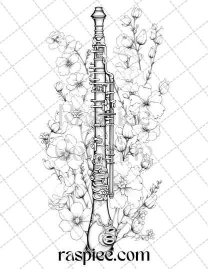 30 Musical Instrument Flower Grayscale Coloring Pages Printable for Adults, PDF File Instant Download