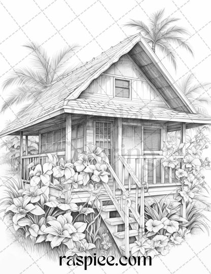 40 Hawaii Tiki Houses Grayscale Coloring Pages Printable for Adults, PDF File Instant Download