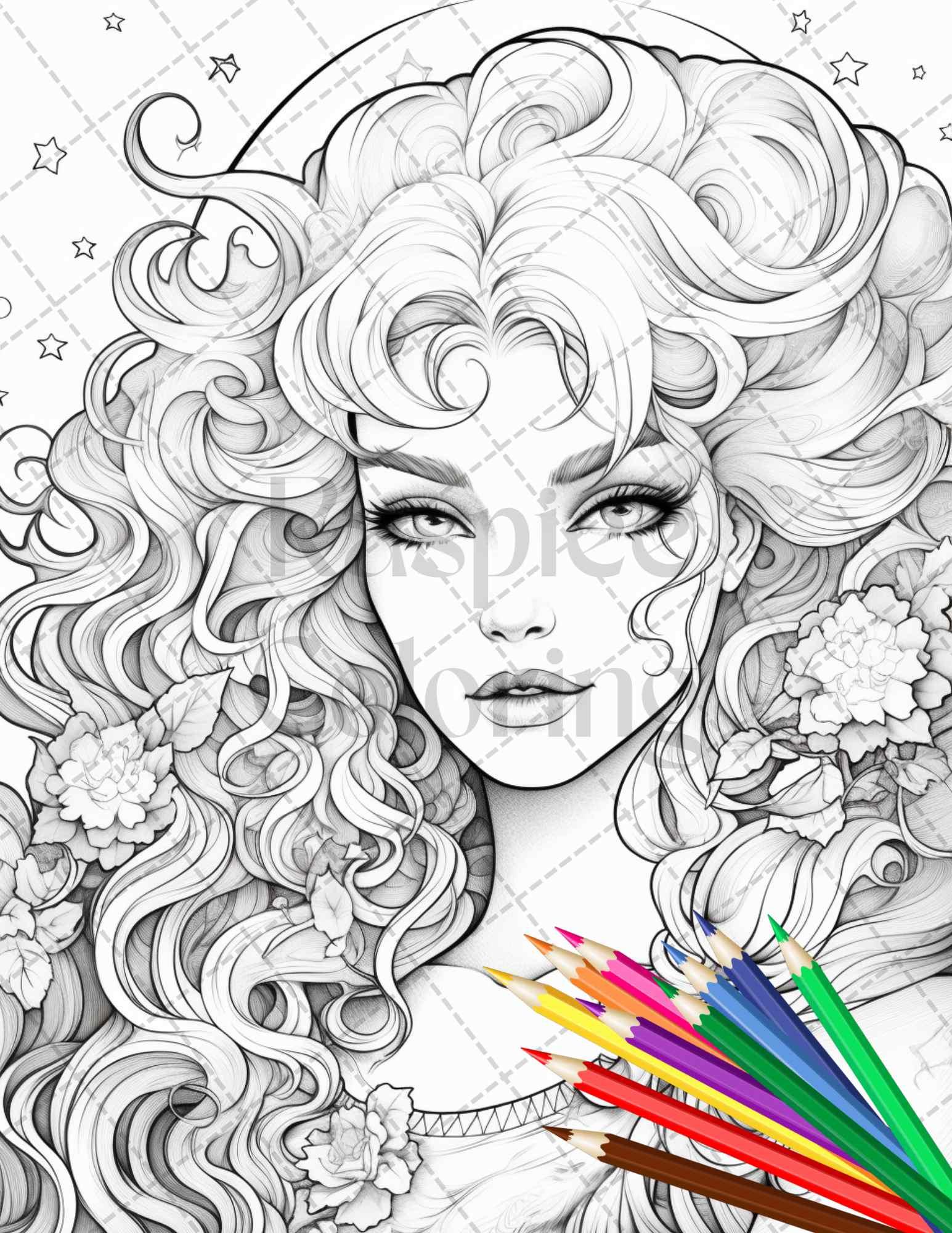 34 Beautiful Moon Fairies Grayscale Coloring Pages Printable for Adults, PDF File Instant Download