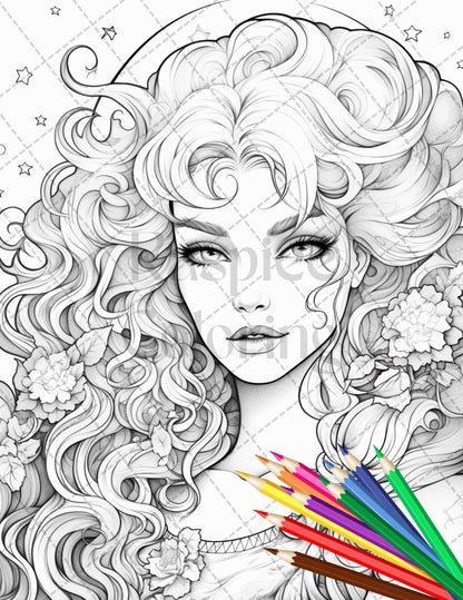 34 Beautiful Moon Fairies Grayscale Coloring Pages Printable for Adults, PDF File Instant Download