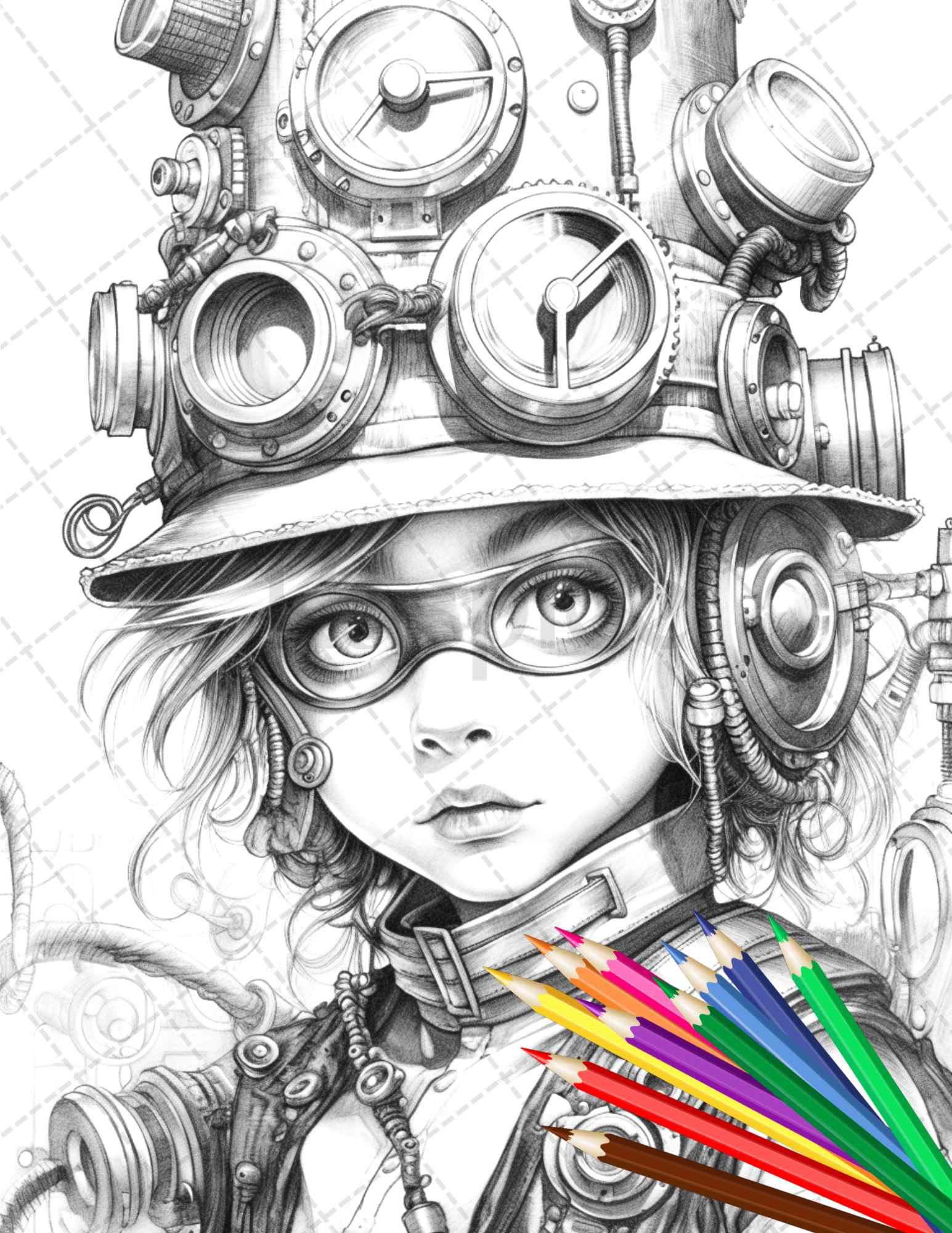 31 Adorable Steampunk Girls Coloring Pages Printable for Adults, Grayscale Coloring Page, PDF File Instant Download