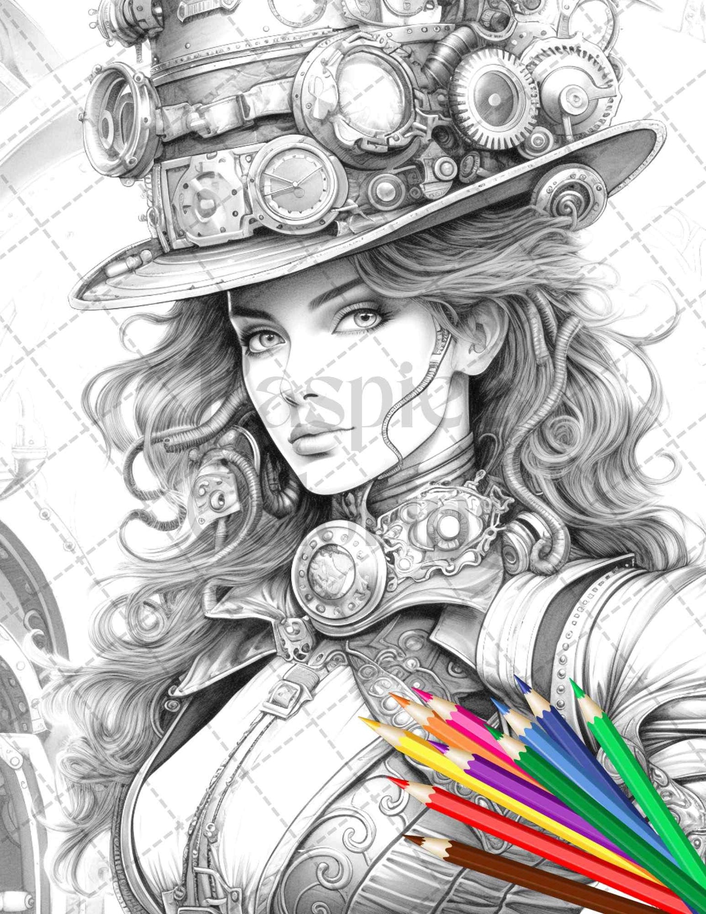 40 Steampunk Ladies Grayscale Coloring Pages Printable for Adults, PDF File Instant Download