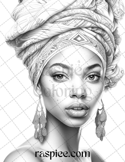 40 Beautiful African Women Grayscale Coloring Pages Printable for Adults, PDF File Instant Download