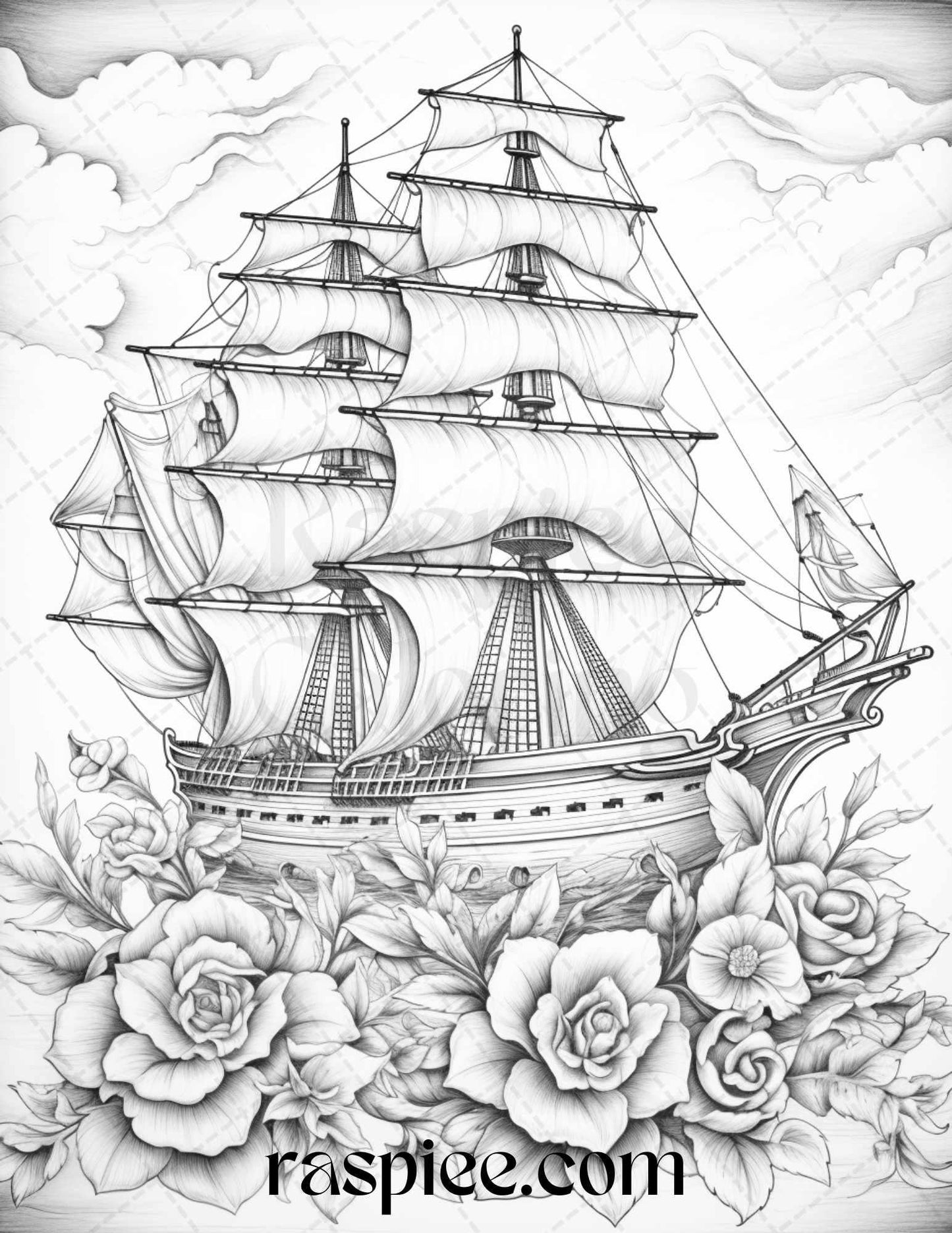 44 Flower Ships Graysale Coloring Pages Printable for Adults, PDF File Instant Download