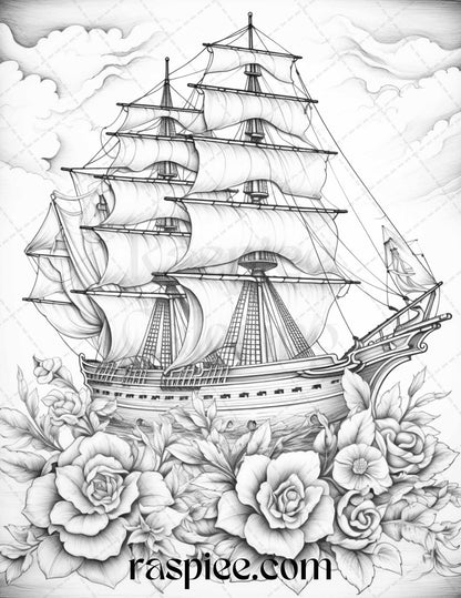 44 Flower Ships Graysale Coloring Pages Printable for Adults, PDF File Instant Download