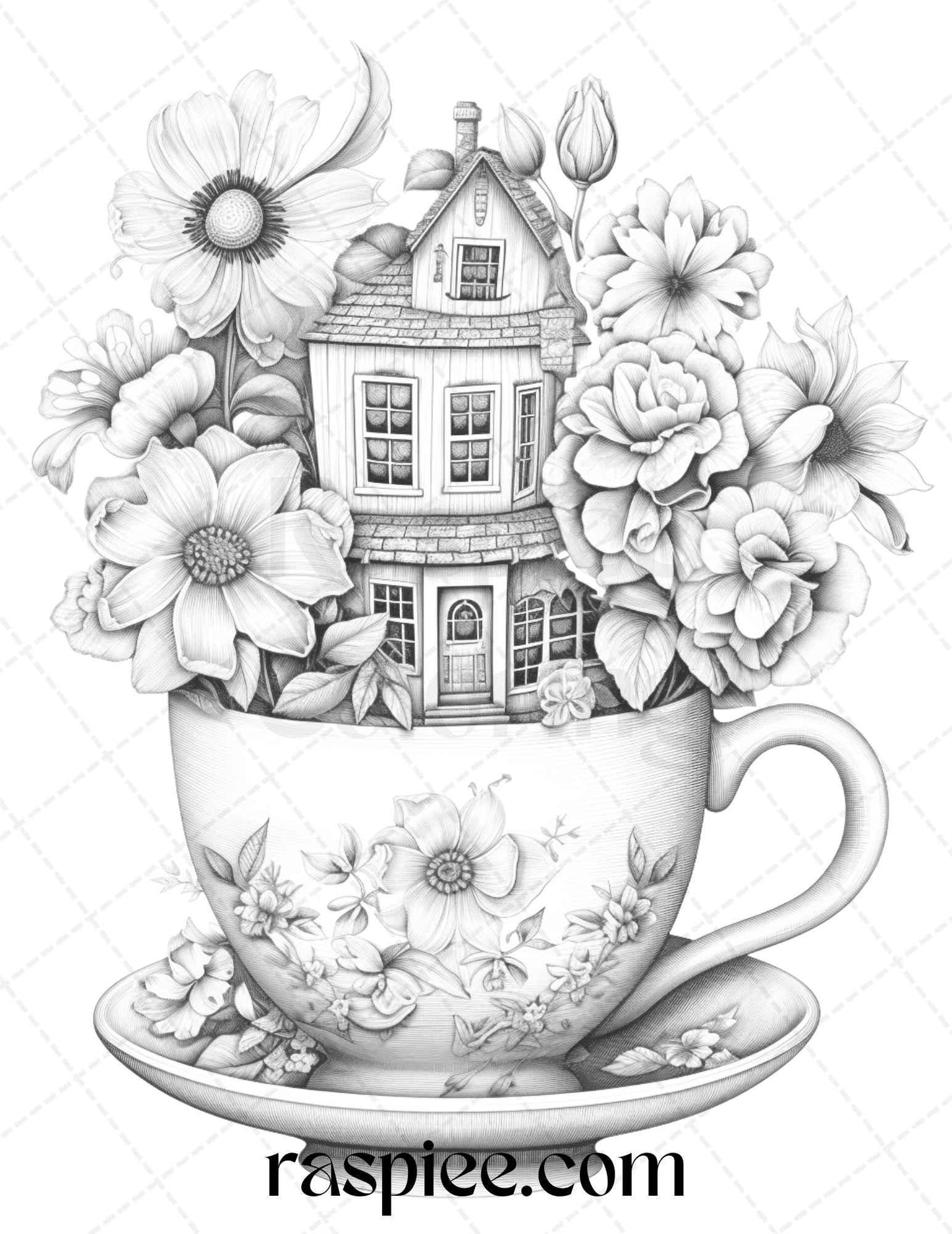 40 Flower Teacup Fairy Houses Grayscale Coloring Pages Printable for Adults, PDF File Instant Download