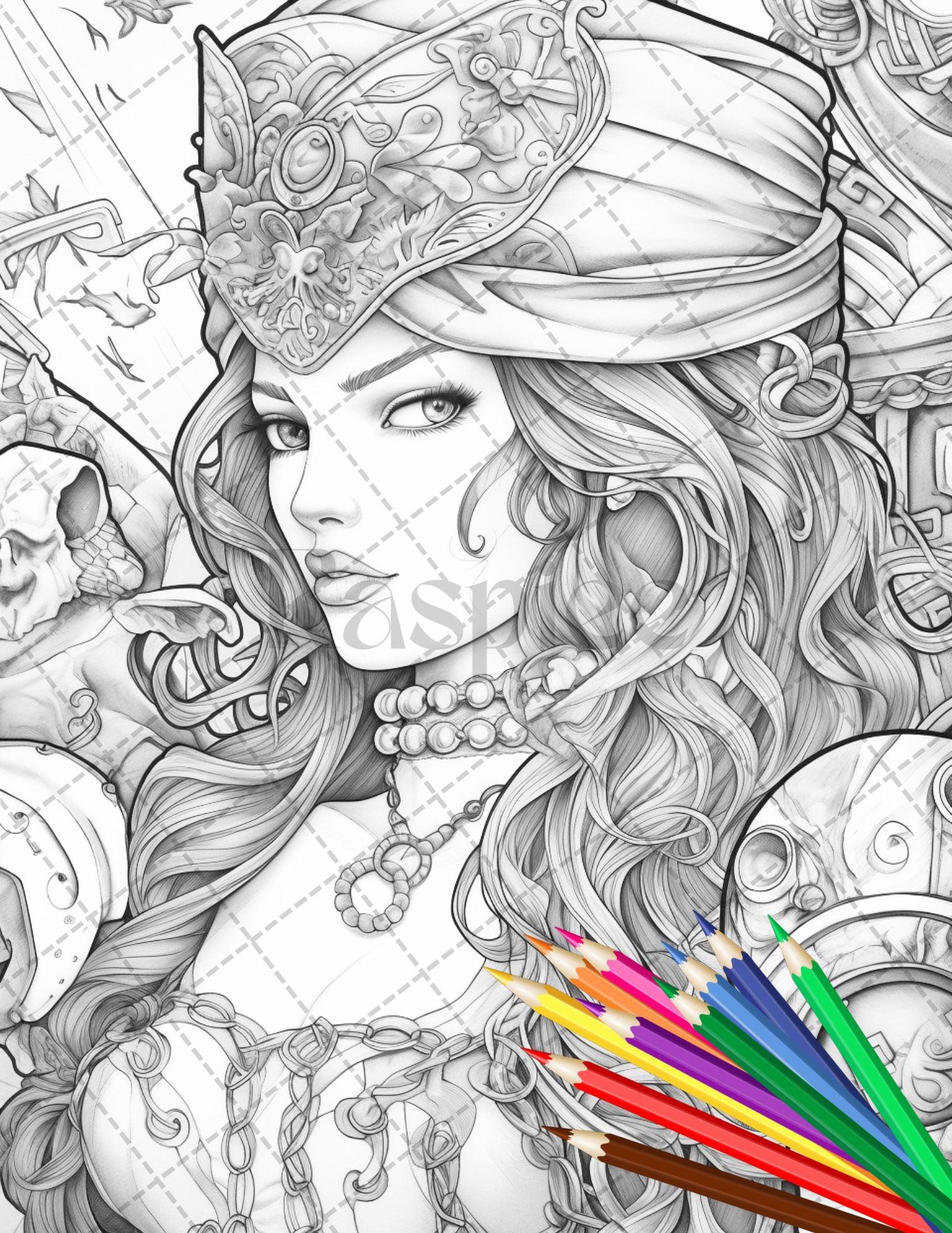 48 Beautiful Pirate Princess Coloring Book Printable for Adults, Grayscale Coloring Page, PDF File Instant Download