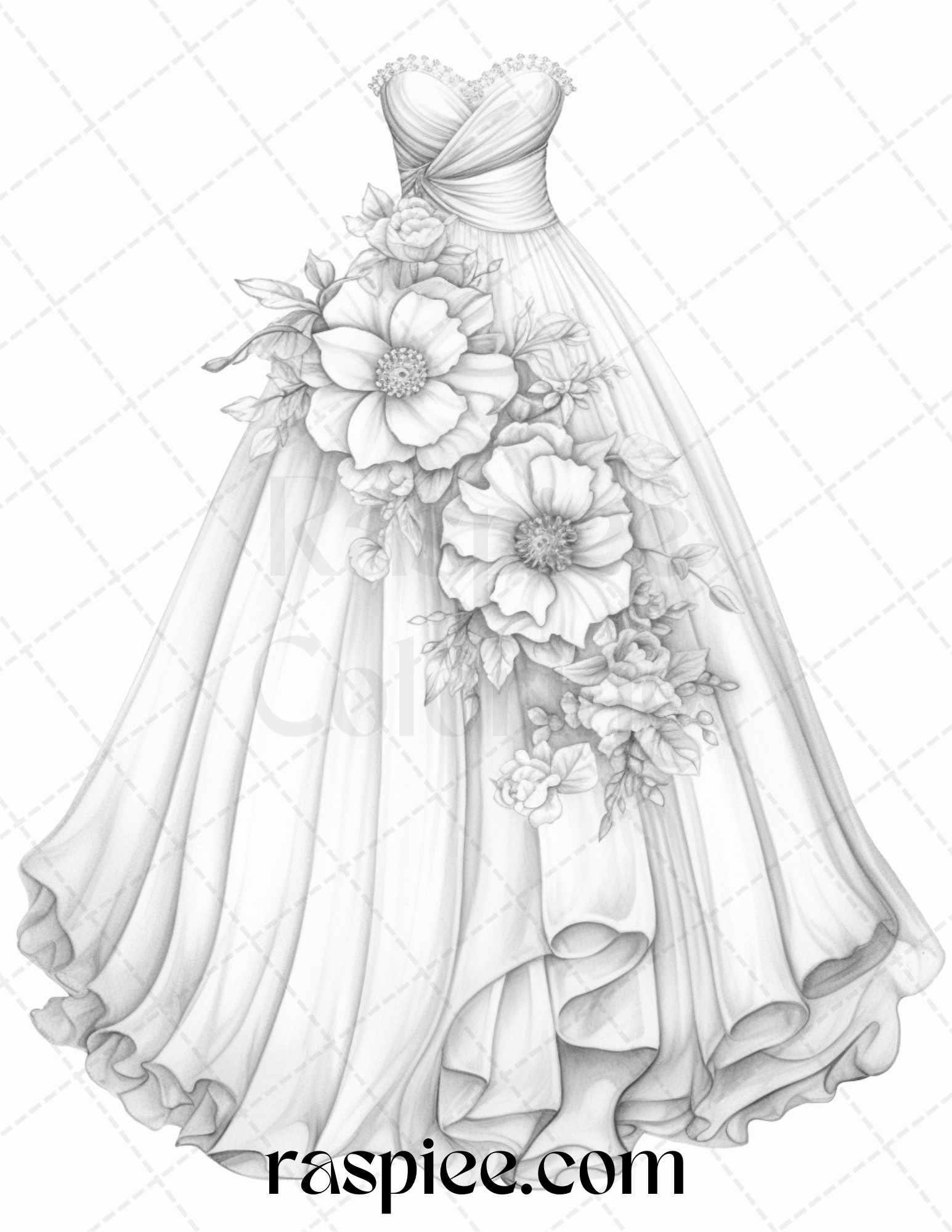 40 Elegant Floral Wedding Dresses Grayscale Coloring Pages Printable for Adults, PDF File Instant Download