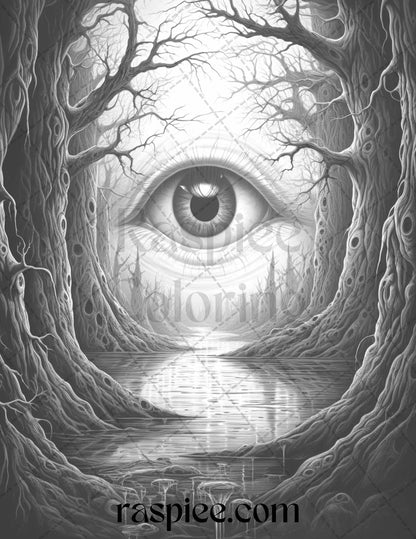 40 Surrealism Eyes Grayscale Coloring Pages Printable for Adults, PDF File Instant Download