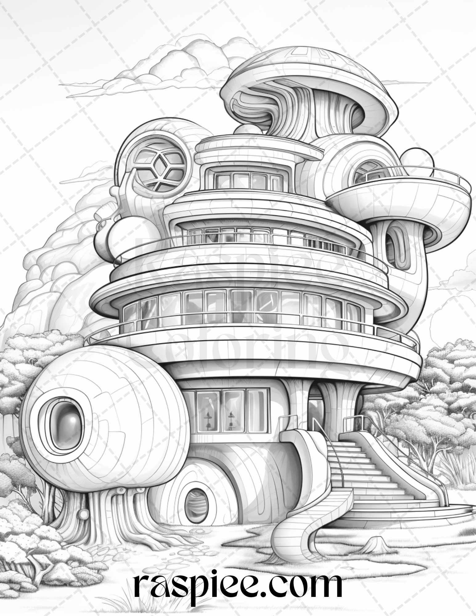 43 Futuristic Houses Grayscale Coloring Pages Printable for Adults, PDF File Instant Download