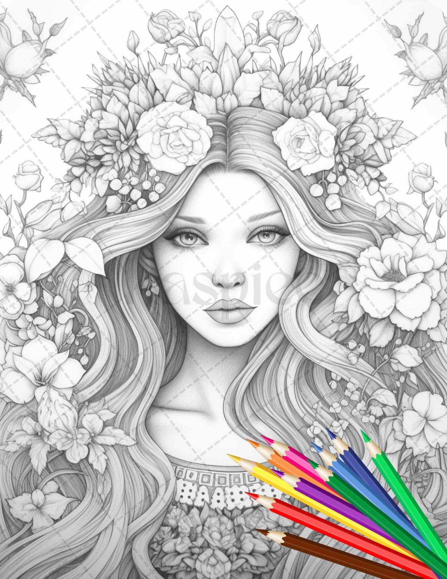 38 Flower Goddess Coloring Pages Printable for Adults, Grayscale Coloring Page, PDF File Instant Download