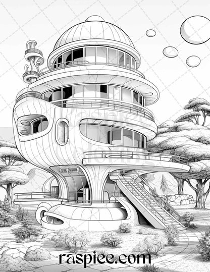 43 Futuristic Houses Grayscale Coloring Pages Printable for Adults, PDF File Instant Download