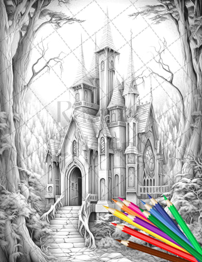 40 Creepy Gothic Houses Grayscale Coloring Pages Printable for Adults, PDF File Instant Download