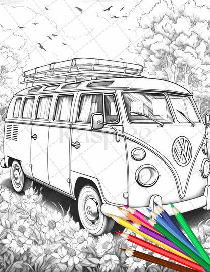 30 Campervan Adventure Grayscale Coloring Pages Printable for Adults, PDF File Instant Download