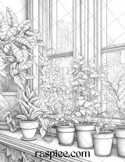 40 Window Plants Grayscale Coloring Pages Printable for Adults, PDF File Instant Download