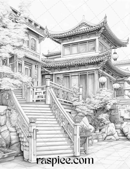 40 Traditional Chinese Houses Grayscale Coloring Pages Printable for Adults, PDF File Instant Download