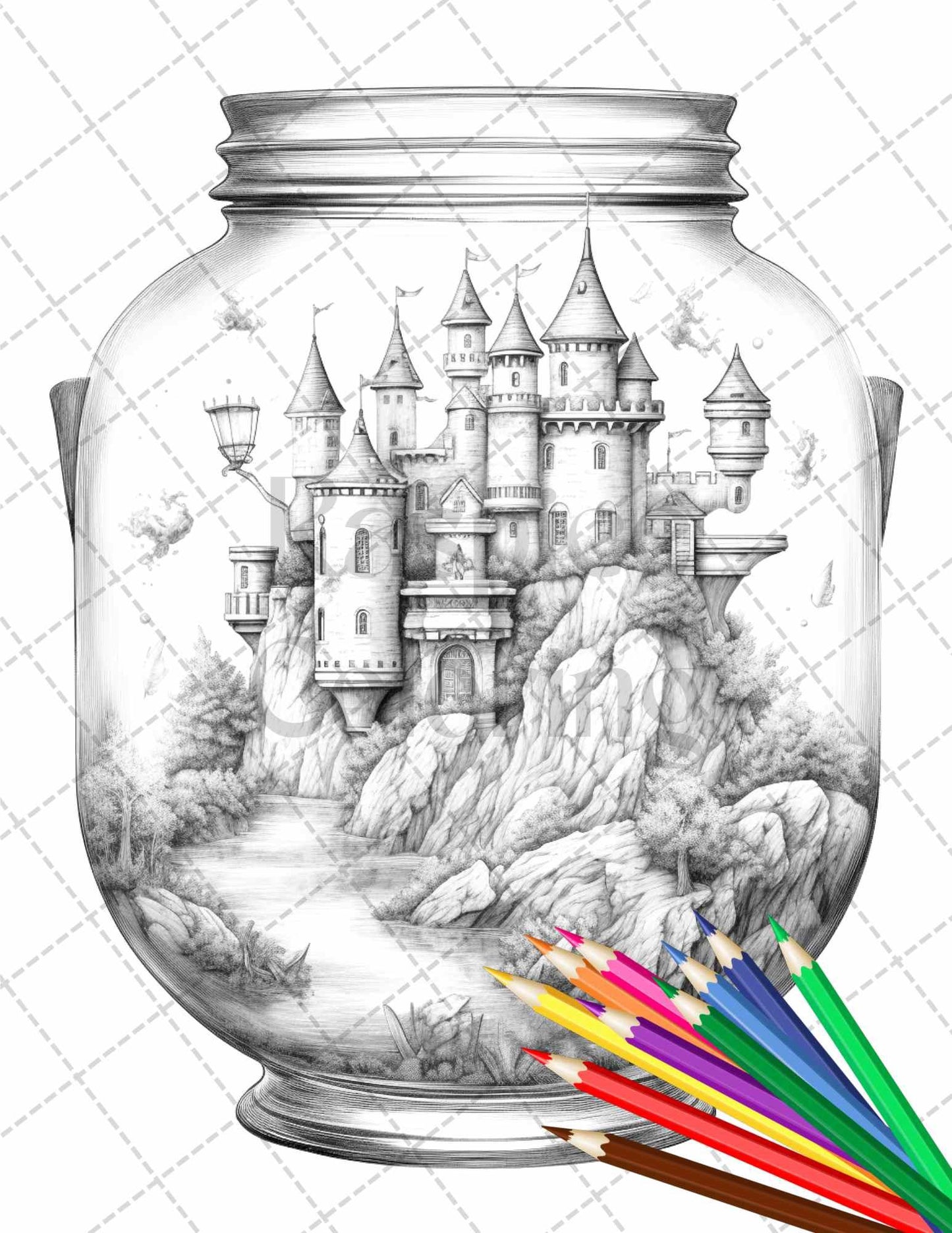 42 Fantasy Castle In Jar Grayscale Coloring Pages Printable for Adults, PDF File Instant Download