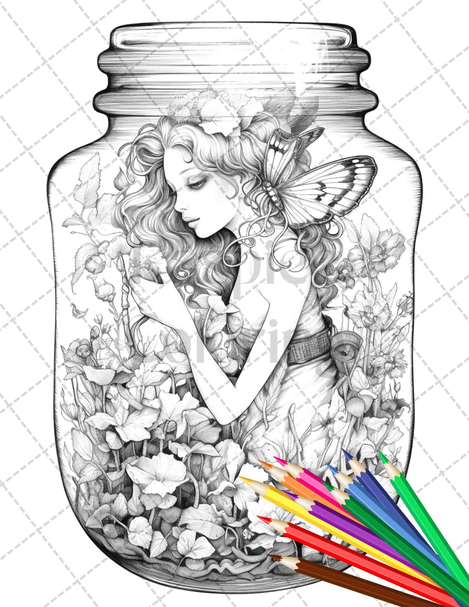 40 Beautiful Fairies in Jar Grayscale Coloring Pages Printable for Adults, PDF File Instant Download