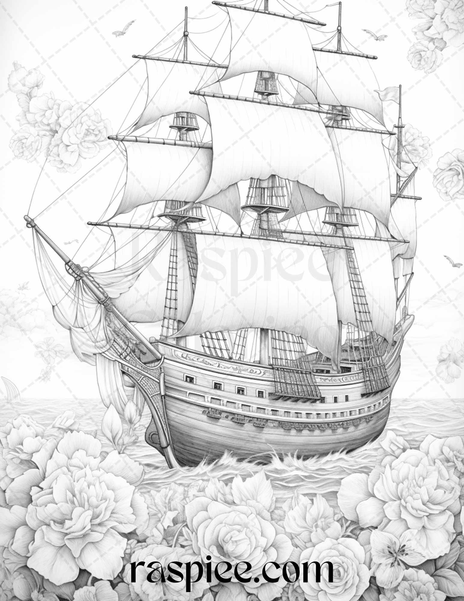 44 Flower Ships Graysale Coloring Pages Printable for Adults, PDF File Instant Download