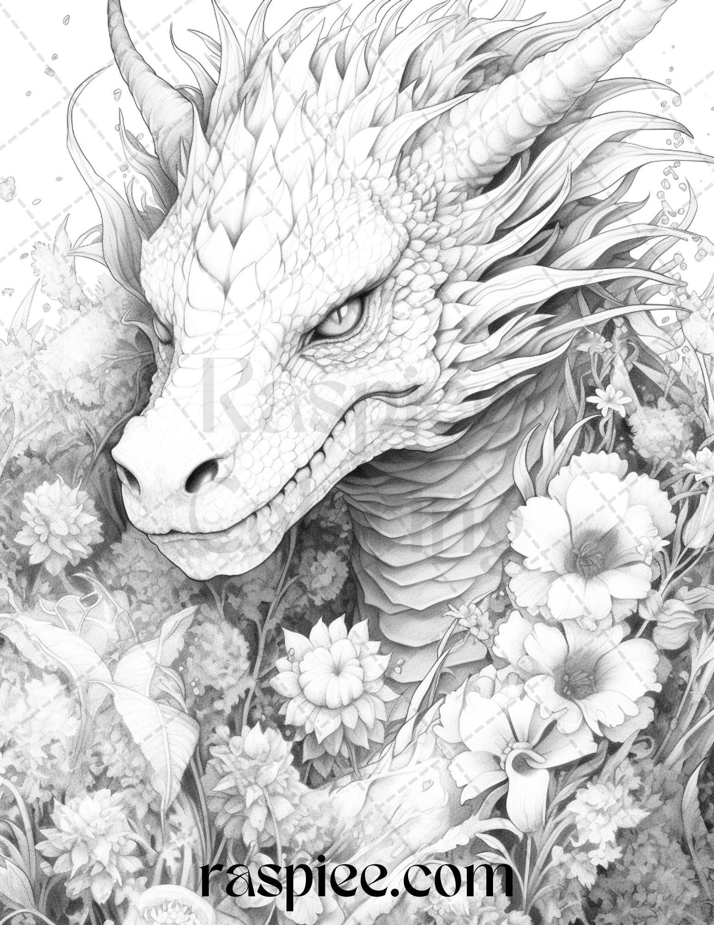 40 Flower Dragon Grayscale Coloring Pages Printable for Adults, PDF File Instant Download