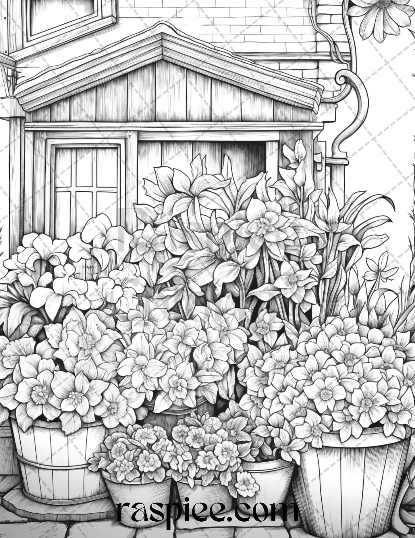 45 Flower Store Front Grayscale Coloring Pages Printable for Adults, PDF File Instant Download