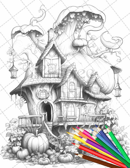 40 Pumpkin Fairy Houses Grayscale Coloring Pages Printable for Adults, PDF File Instant Download