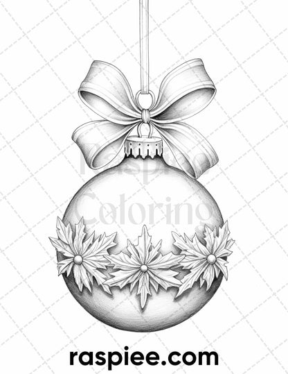 40 Christmas Balls Grayscale Coloring Pages Printable for Adults, PDF File Instant Download