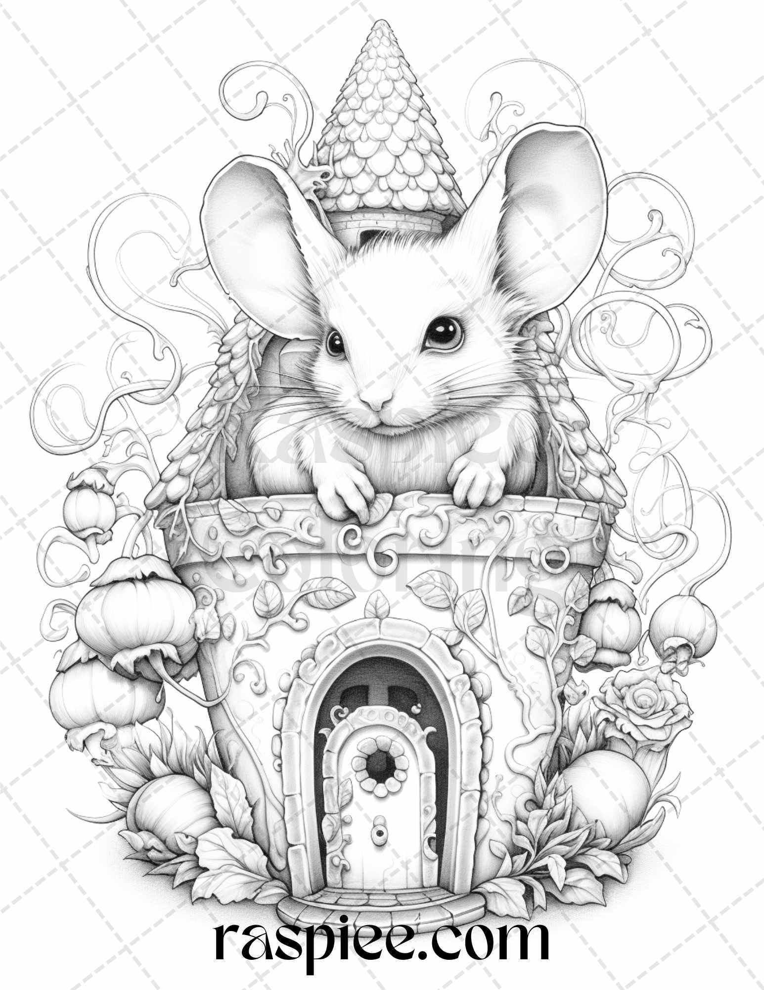 40 Magical Mouse Houses Grayscale Coloring Pages Printable for Adults, PDF File Instant Download