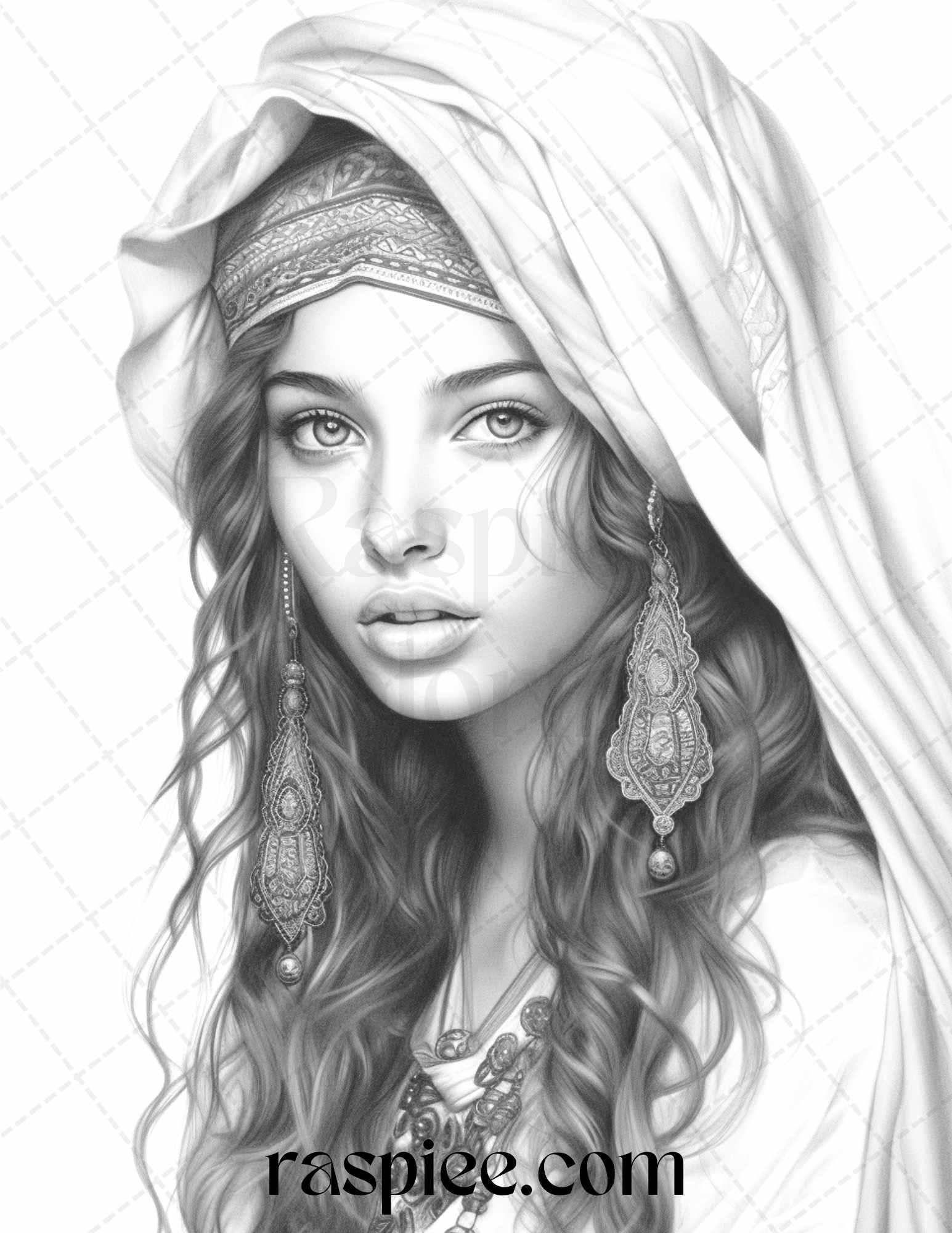 40 Beautiful Gypsy Girls Grayscale Coloring Pages Printable for Adults, PDF File Instant Download