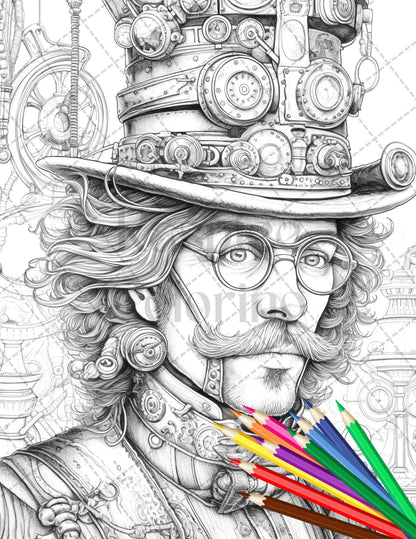 42 Steampunk Mens Grayscale Coloring Pages Printable for Adults, PDF File Instant Download