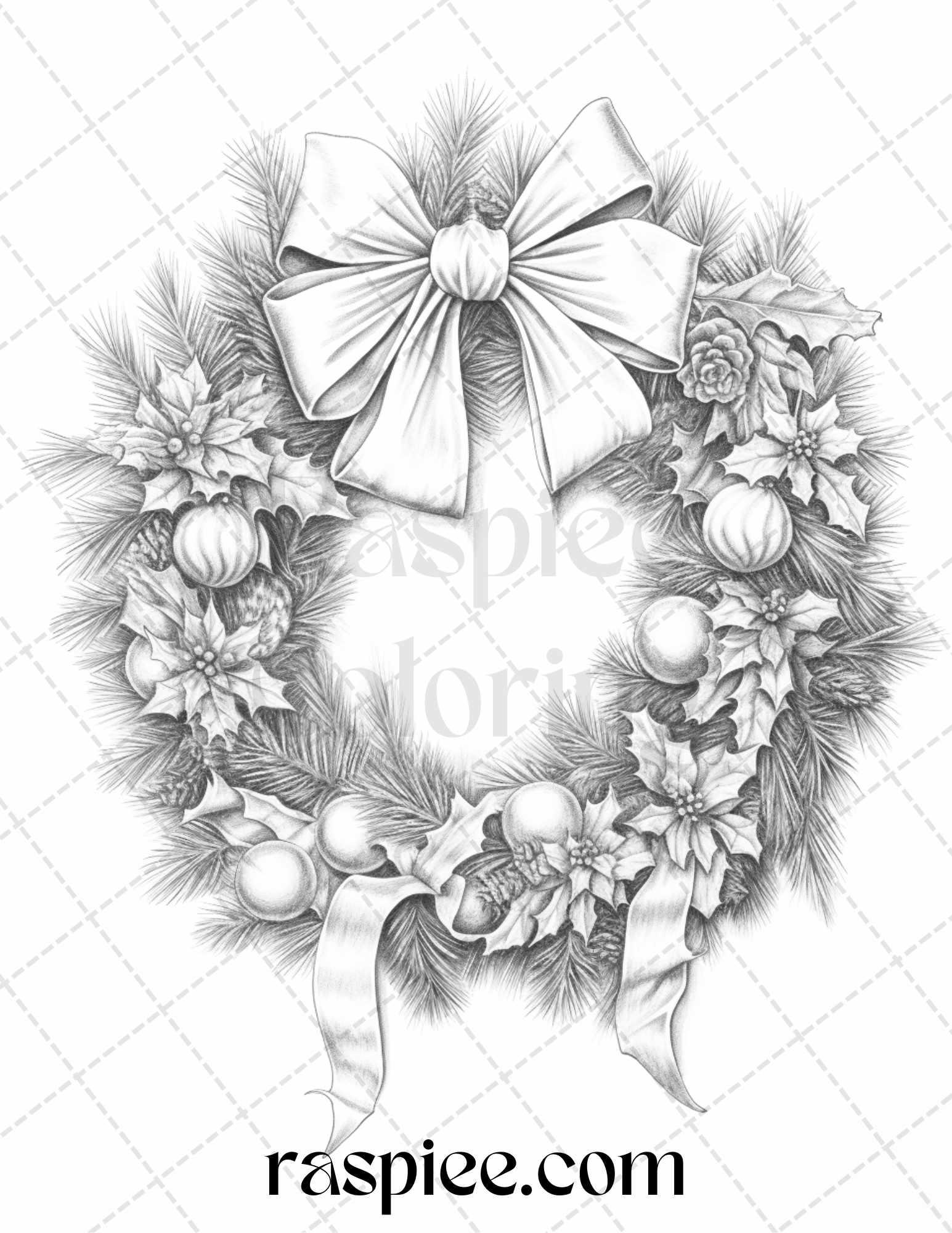 40 Christmas Wreath Grayscale Coloring Pages Printable for Adults, PDF File Instant Download