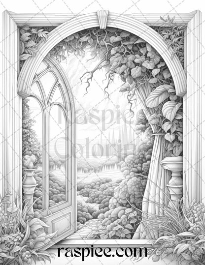 40 Window to Fantasy Worlds Grayscale Coloring Pages Printable for Adults, PDF File Instant Download