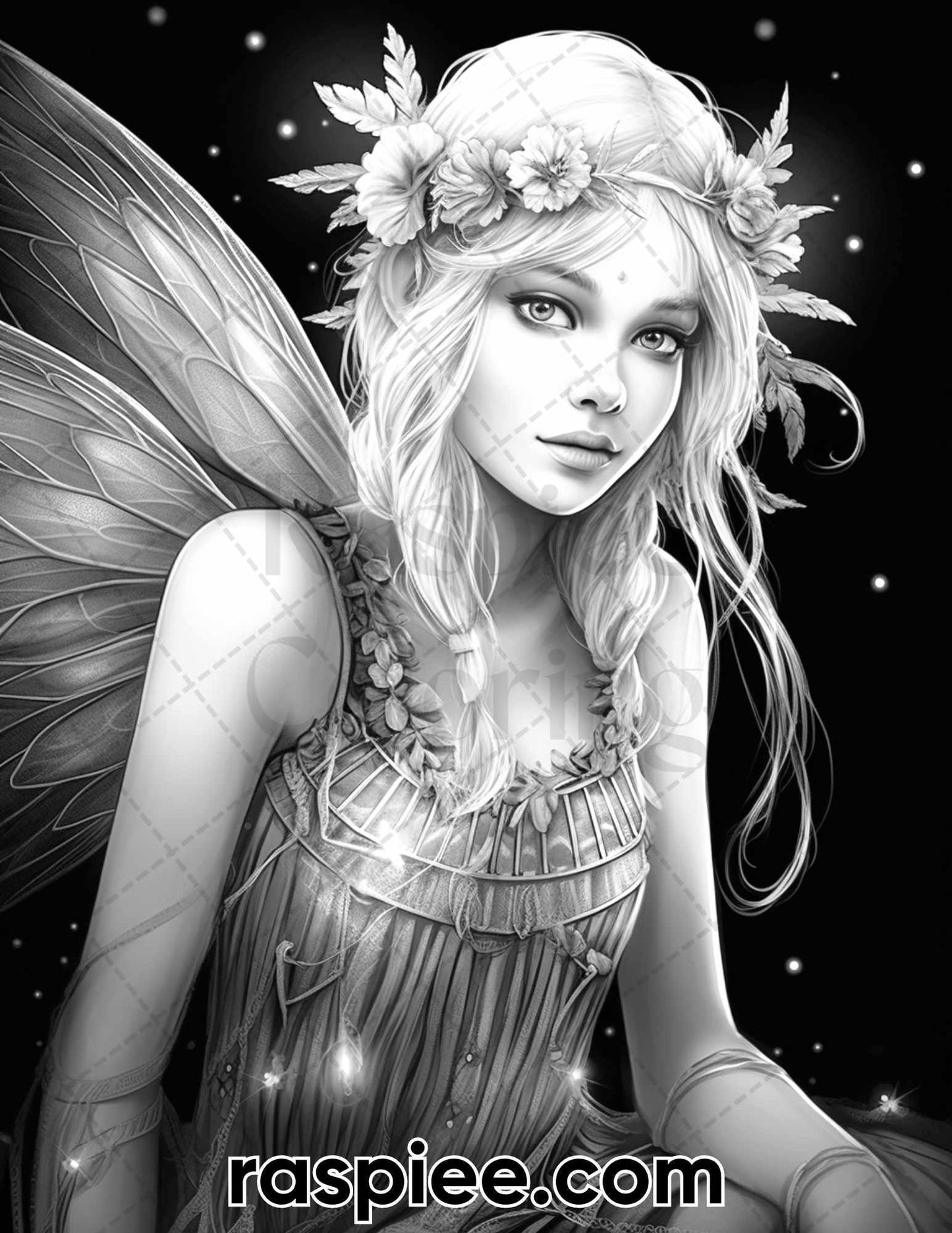 50 Starlight Fairy Grayscale Coloring Pages for Adults, Printable PDF File Instant Download