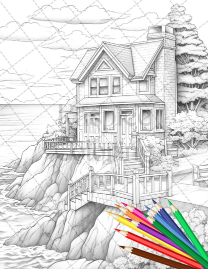 42 Wooden Beach Houses Grayscale Coloring Pages Printable for Adults, PDF File Instant Download