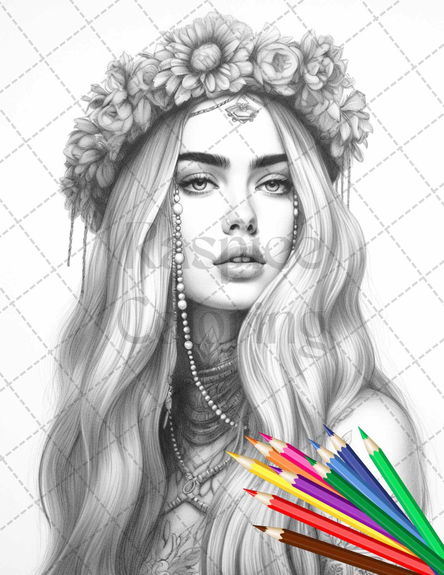 43 Beautiful Hippie Girls Grayscale Coloring Pages Printable for Adults, PDF File Instant Download