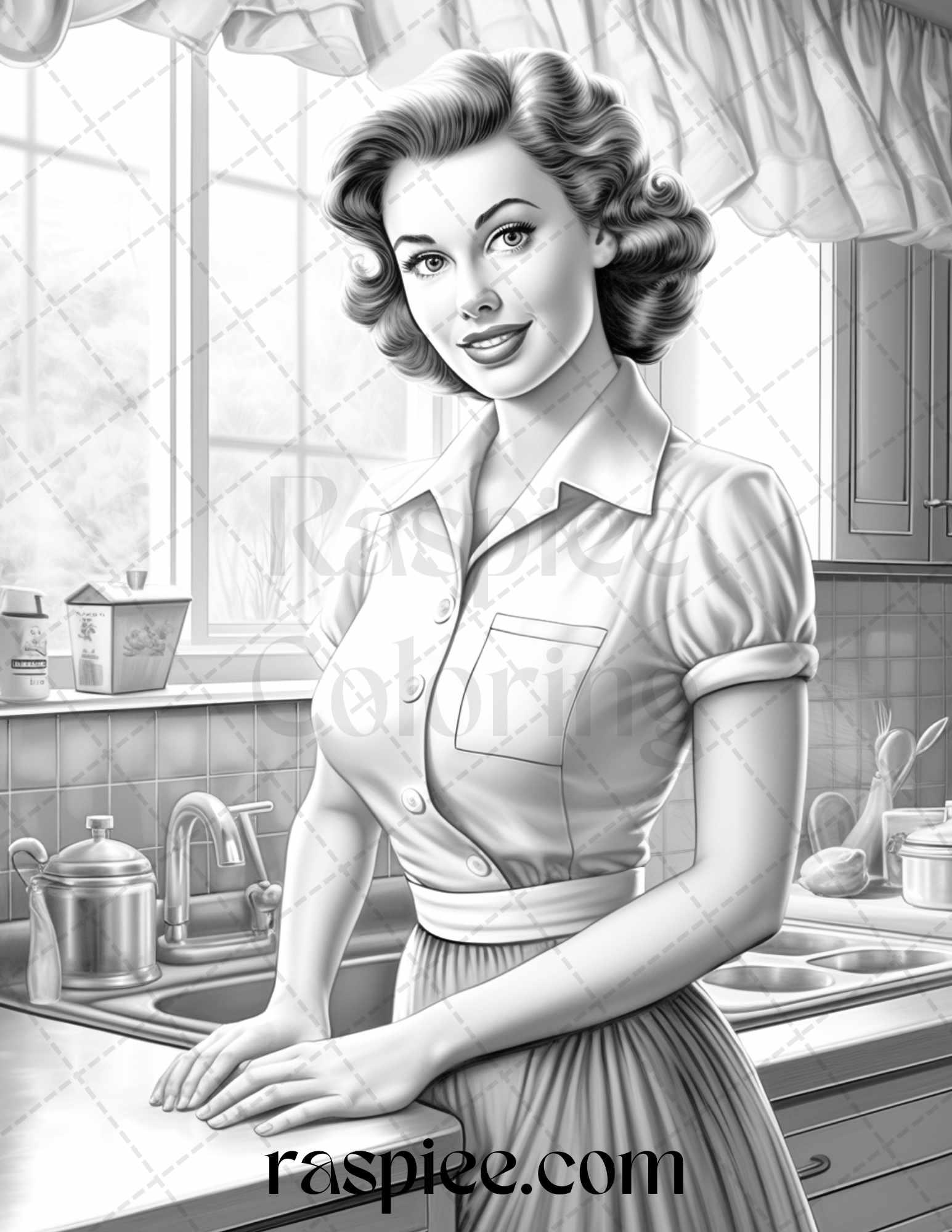 40 Retro Housewives Grayscale Coloring Pages for Adults, Printable PDF File Instant Download