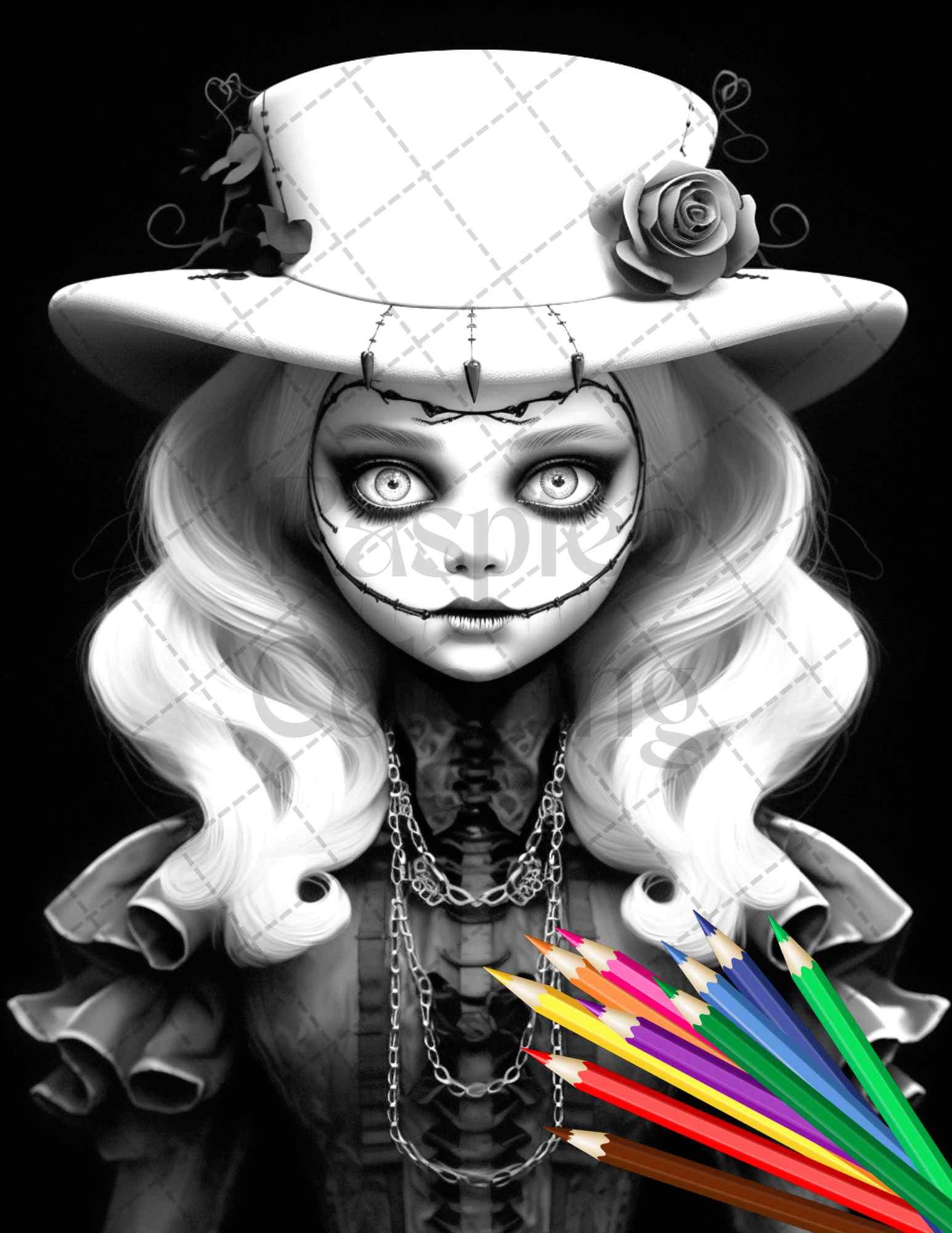 40 Creepy Porcelain Dolls Grayscale Coloring Pages for Adults, PDF File Instant Download