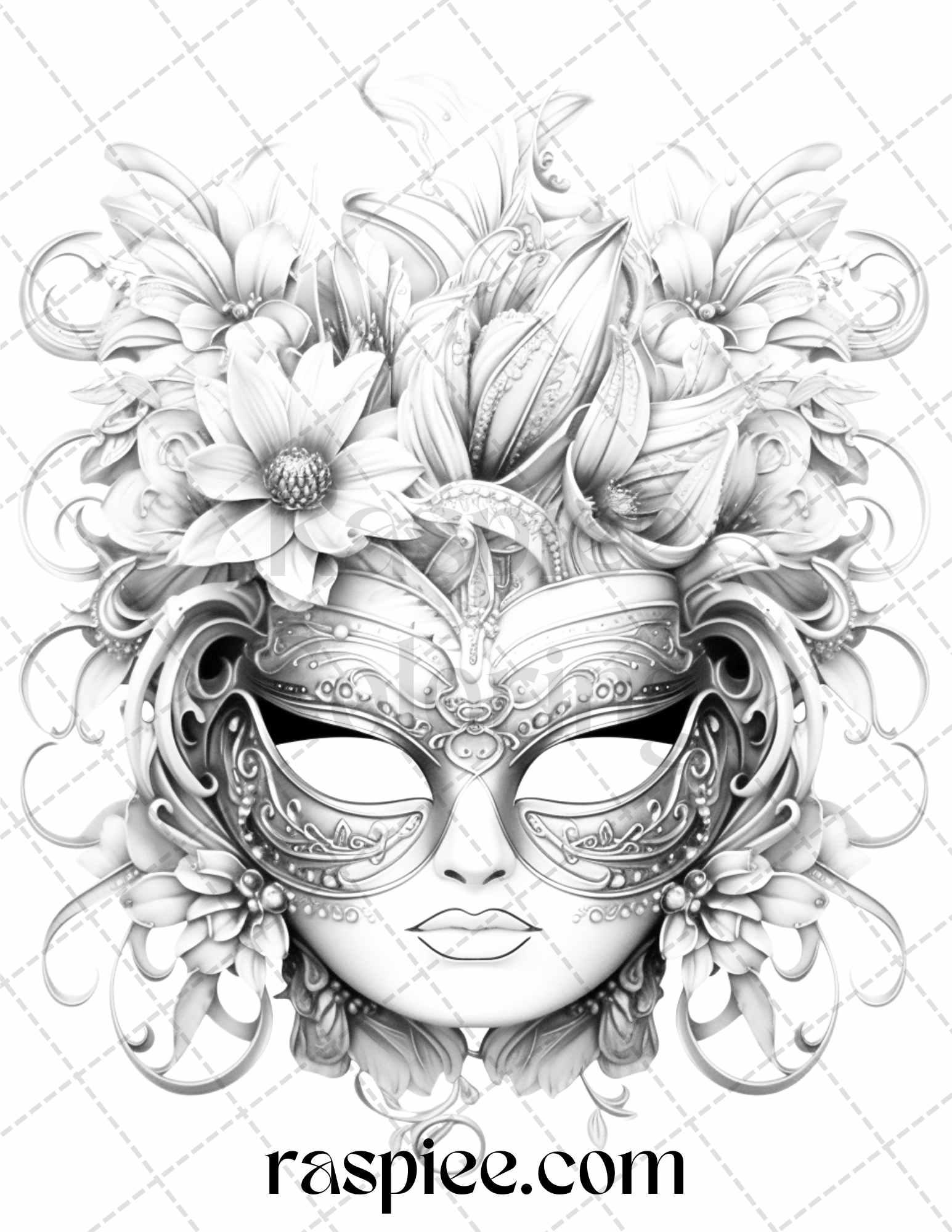 40 Masquerade Masks Grayscale Coloring Pages Printable for Adults, PDF File Instant Download